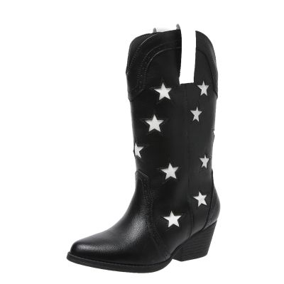ZBYY Women's Western Cowboy Embroidered Mid Calf Boots Pointed Toe Chunky Low Heel Fashion Cowgirl Boots