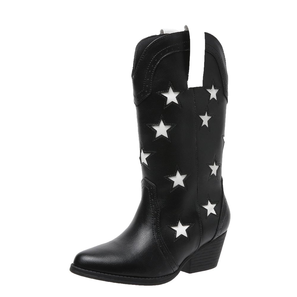 ZBYY Women's Western Cowboy Embroidered Mid Calf Boots Pointed Toe Chunky Low Heel Fashion Cowgirl Boots