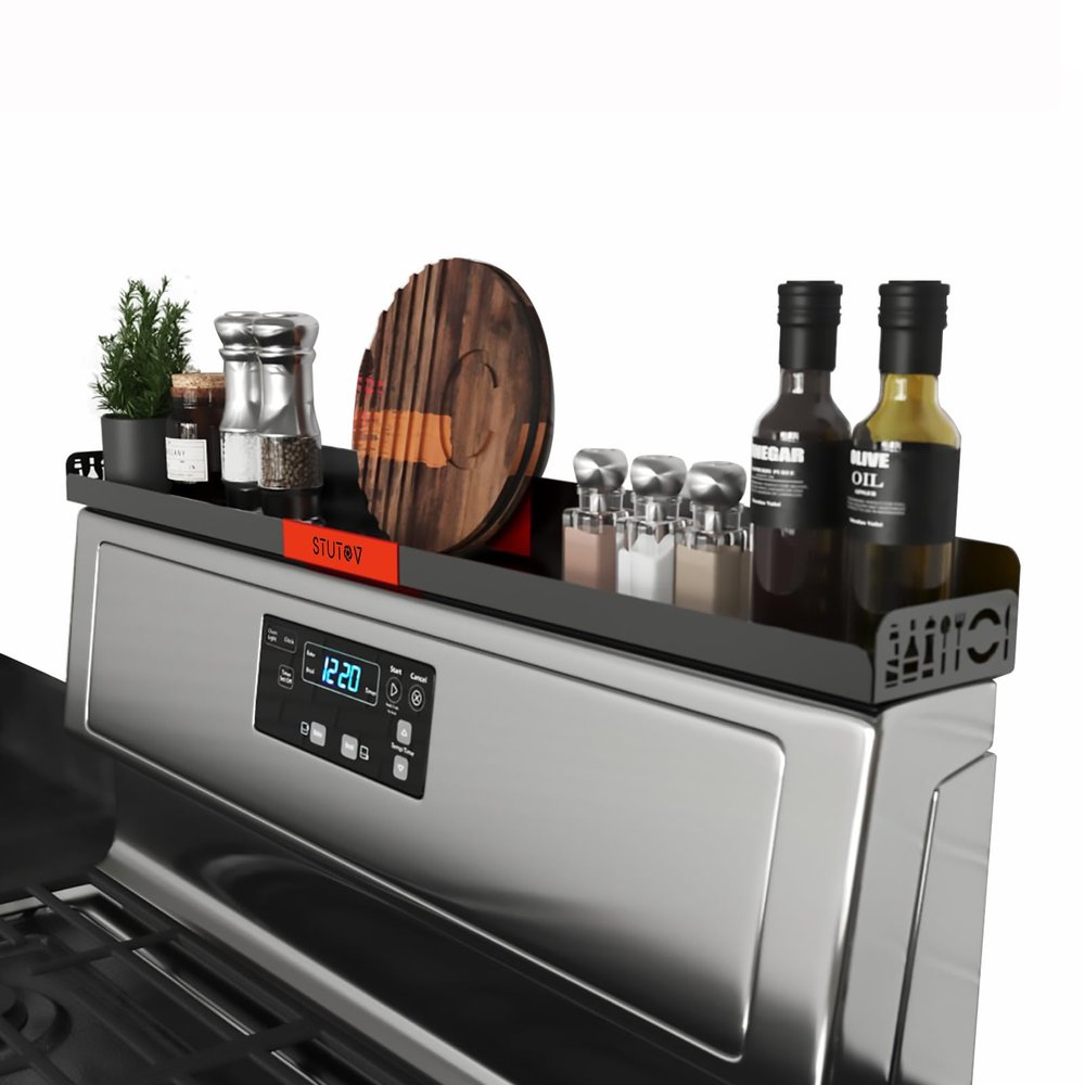 STUTOV 30" Magnetic Stove Top Shelf  Black Spice Rack with Red Logo and Seasoning Organizer  Kitchen Shelf for Back of Stove  Over Stove Rack and Storage Organizer