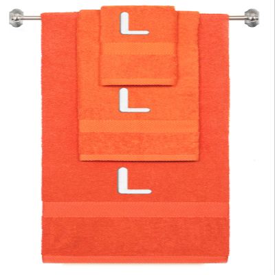 BY LORA Custom Embroidered Terry Cotton Ring Spun Bath Towel, Hand Towel and Washcloth Set - Orange Towel Set, White Block Initial L