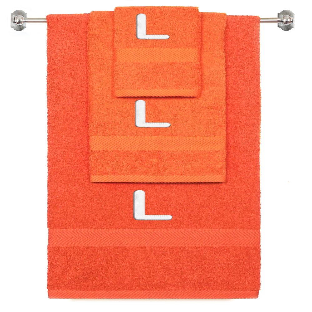 BY LORA Custom Embroidered Terry Cotton Ring Spun Bath Towel, Hand Towel and Washcloth Set - Orange Towel Set, White Block Initial L