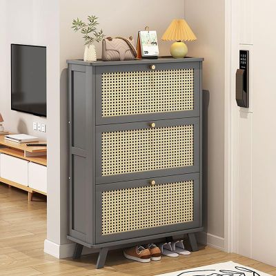 BOqqu Narrow Rattan Woven Shoe Cabinet with Flip Drawers, Large Capacity Natural Accent Cabinet for Entryway, Free Standing Nightstand for Sneakers Casual Shoes (Color : Silver, Size : 3-Tier)