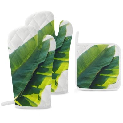 3 Pcs Oven Mitts and Pot Holders Set 550 Heat Resistant Oven Mitts and Potholders Banana Leaf BBQ Gloves Hot Pads Cooking Gloves for Kitchen Baking Grilling