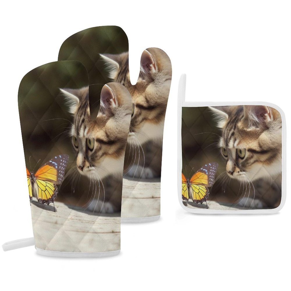 3 Pcs Oven Mitts and Pot Holders Set 550 Heat Resistant Oven Mitts and Potholders Cat and Butterfly BBQ Gloves Hot Pads Cooking Gloves for Kitchen Baking Grilling