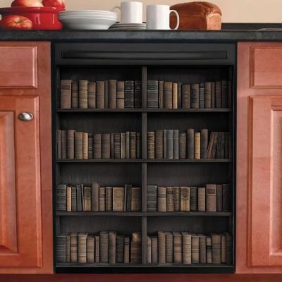 Vintage Bookcase Magnet Decor Dishwasher Cover Sticker,Dishwasher Cover Vinyl Sticker,Kitchen Dishwasher Wrap, Rustic Bookcase Magnet, Refrigerator Magnet Cover Book Decal 23"x17"