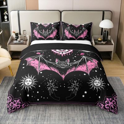 100% Cotton Gothic Comforter Cover Twin,Exotic Halloween Bats Bedding Set Bohemian Sun And Moon Duvet Cover Stars Galaxy Bed Set,Purple Damask Flowers Boho Floral Black Halloween Decorations