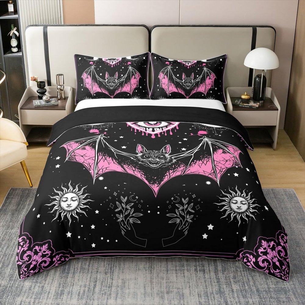 100% Cotton Gothic Comforter Cover Twin,Exotic Halloween Bats Bedding Set Bohemian Sun And Moon Duvet Cover Stars Galaxy Bed Set,Purple Damask Flowers Boho Floral Black Halloween Decorations