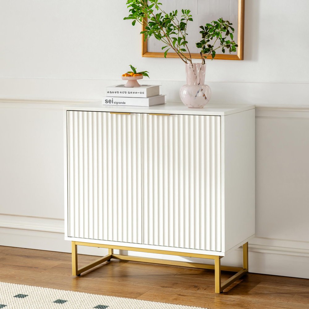 EYYTHUNG Fluted Storage Cabinet Sideboard Buffet Cabinet, Modern Accent Cabinets with Adjustable Shelves, Wooden Credenza, Console Table Entryway Cabinets for Living Dining Room, White