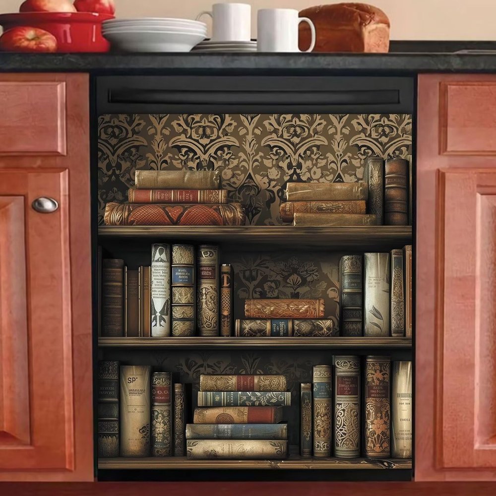Dishwasher Magnet Cover Vintage Bookcase, Kitchen Dishwasher Cover Magnetic Vinyl Decal, Dishwasher Wrap,Rustic Refrigerator Magnet Bookcase Panel Sticker 23"x17"