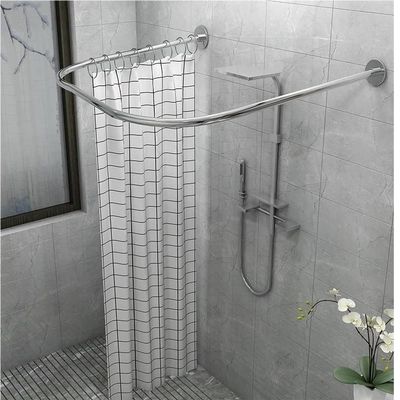 Shower Curtain Rod, L-shaped Shower Curtain RodShower Curtain Rod Stainless Steel U Shaped Telescopic Shower Curtain Rail, No Drilling Shower Curtain Rod, Half-Oval Rail, With Shower Hooks, Metal Exp