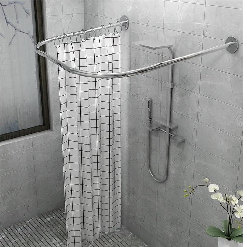 Shower Curtain Rod, L-shaped Shower Curtain RodShower Curtain Rod Stainless Steel U Shaped Telescopic Shower Curtain Rail, No Drilling Shower Curtain Rod, Half-Oval Rail, With Shower Hooks, Metal Exp