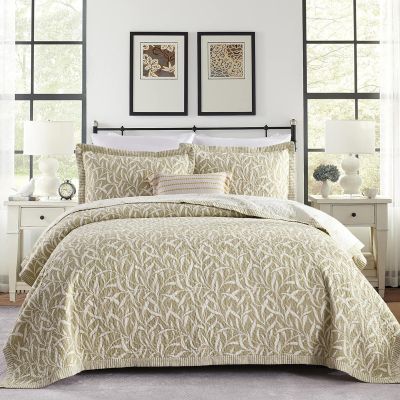 QuiltMuse Quilts Queen Size - 100% Cotton Quilt Set with Matching Shams, Botanical Floral Design Farmhouse Bedspread, 3 Pieces Summer Lightweight Coverlet Set with Solid Reverse, Khaki/White