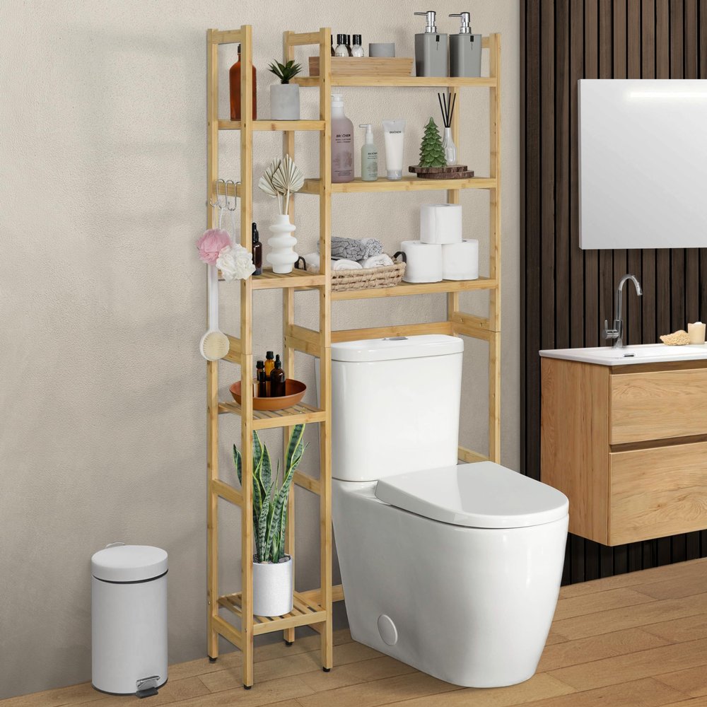 CAPHAUS Over The Toilet Storage Shelf,7-Tier Bamboo Bathroom Organizer Shelf Rack Over Toilet with Adjustable Feet & Hooks, Freestanding Toilet Shelf for Bathroom Laundry Balcony Plant Stand,Natural