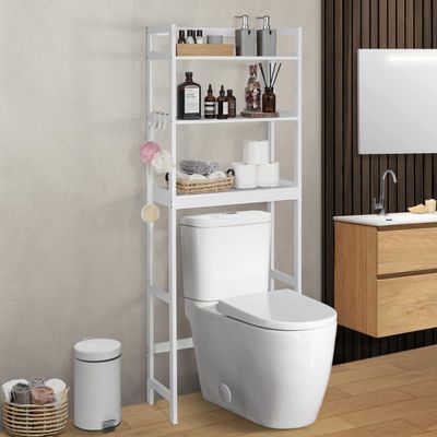 CAPHAUS Over The Toilet Storage Shelf,3-Tier Bathroom Organizer Shelf Rack Over Toilet with Hooks & Adjustable Feet,Freestanding Toilet Shelf, Bathroom & Laundry Organizer,Balcony Plant Stand, White