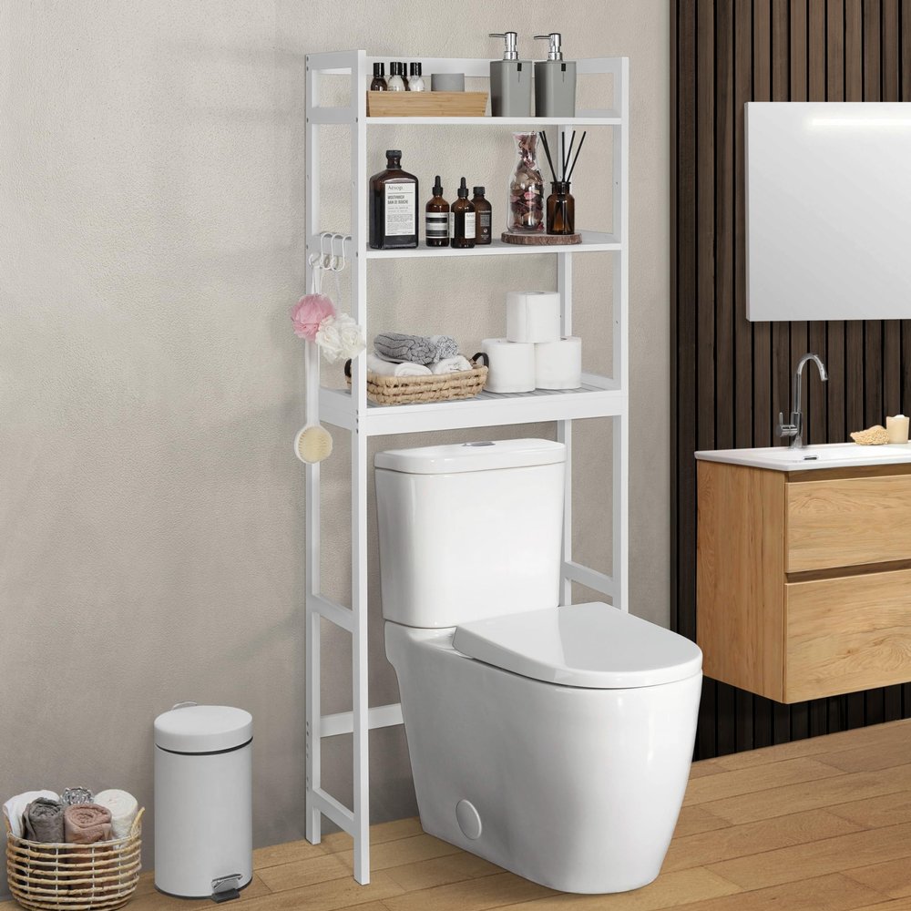 CAPHAUS Over The Toilet Storage Shelf,3-Tier Bathroom Organizer Shelf Rack Over Toilet with Hooks & Adjustable Feet,Freestanding Toilet Shelf, Bathroom & Laundry Organizer,Balcony Plant Stand, White