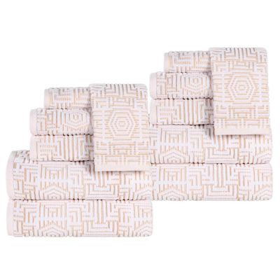 BNM Cotton Medium Weight Towels, for Guest Bath, Master Bathroom, Shower, Quick Dry, Adults, Home Essentials, Modern Geometric Jacquard, Assorted Towel Set, 12 Piece Bathroom Towel Set, Gold