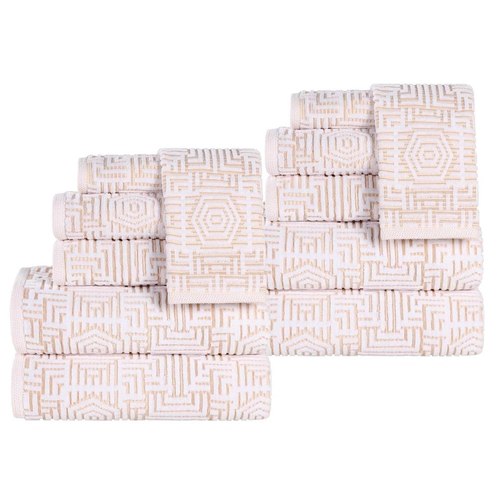BNM Cotton Medium Weight Towels, for Guest Bath, Master Bathroom, Shower, Quick Dry, Adults, Home Essentials, Modern Geometric Jacquard, Assorted Towel Set, 12 Piece Bathroom Towel Set, Gold