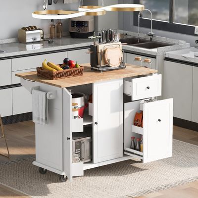 Fulvari 53.9" W Mobile Kitchen Island Cart with Drop Leaf, Kitchen Island with 3-Layer Pull-Out Cabinet, Towel Rack Storage Cabinet Organizer for Dining Room White
