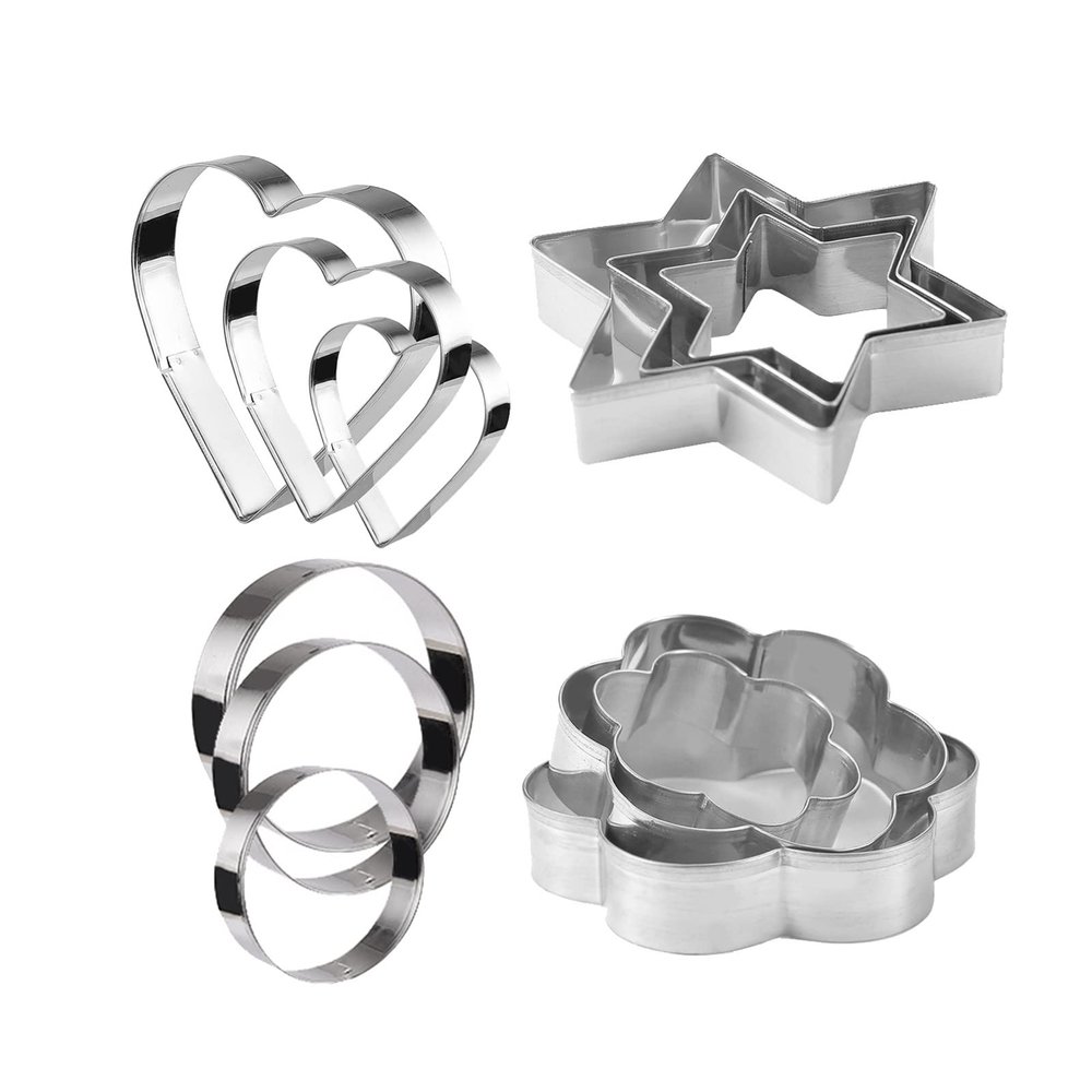 NUALLY Cookie Cutters Molds, Set of 12 Easy to Use Baking Tools & Pastry Utensils for Biscuit Vegetables Sandwich, Love Heart, Five-pointed Star, Round, Quincunx Shape