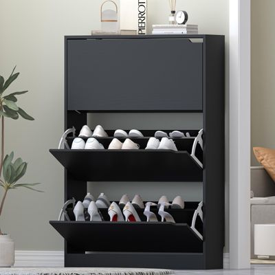 HUANLEGO Shoe Storage Cabinet for Entryway, Black Shoe Cabinet with 3 Flip Drawers Hidden Shoe Storage Modern Shoe Rack Storage Organizer for Entryway,Closet, Living Room,Hallway
