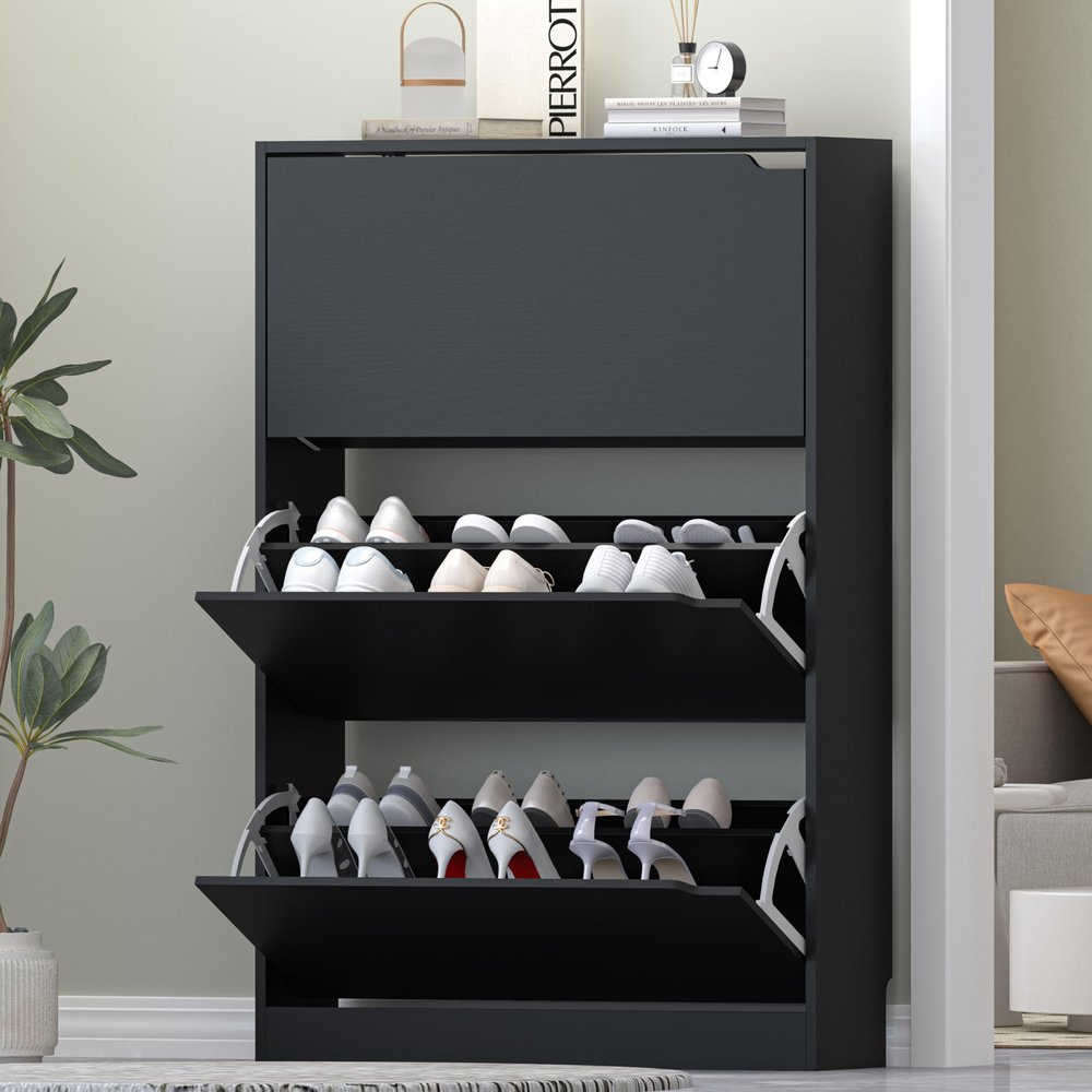 HUANLEGO Shoe Storage Cabinet for Entryway, Black Shoe Cabinet with 3 Flip Drawers Hidden Shoe Storage Modern Shoe Rack Storage Organizer for Entryway,Closet, Living Room,Hallway