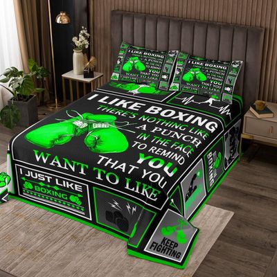Boxing Bedspread King Size,Sports Theme Comforter Set Pugilism Games Boxing Gloves Pattern Bedding Set for Kids Boys Men Adult Room Decor,Fashion Green Black Patchwork Grid Quilt Set 3Pcs