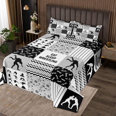 Castle Fairy Wrestler Bedspread Twin Size,Wrestling Sports Bedding Set for Kids Teens Boys Men Adult Room Decor,Grey White Black Plaid Comforter Set Striped Stars Patchwork Quilt Set,1 Pillowcase