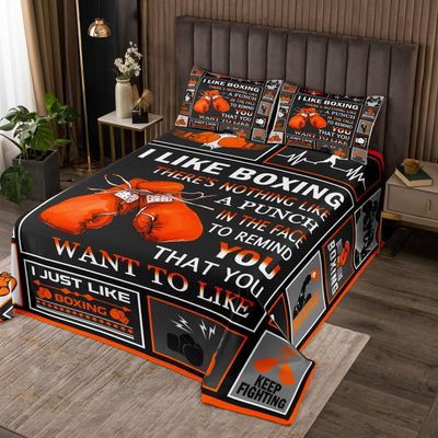 Castle Fairy Boxing Bedspread King Size,Sports Theme Bedding Set Orange Boxing Gloves Pattern Comforter Set 3Pcs for Kids Boys Men Adult Room Decor,Pugilism Games Design Plaid Quilt Set,2 Pillowcases