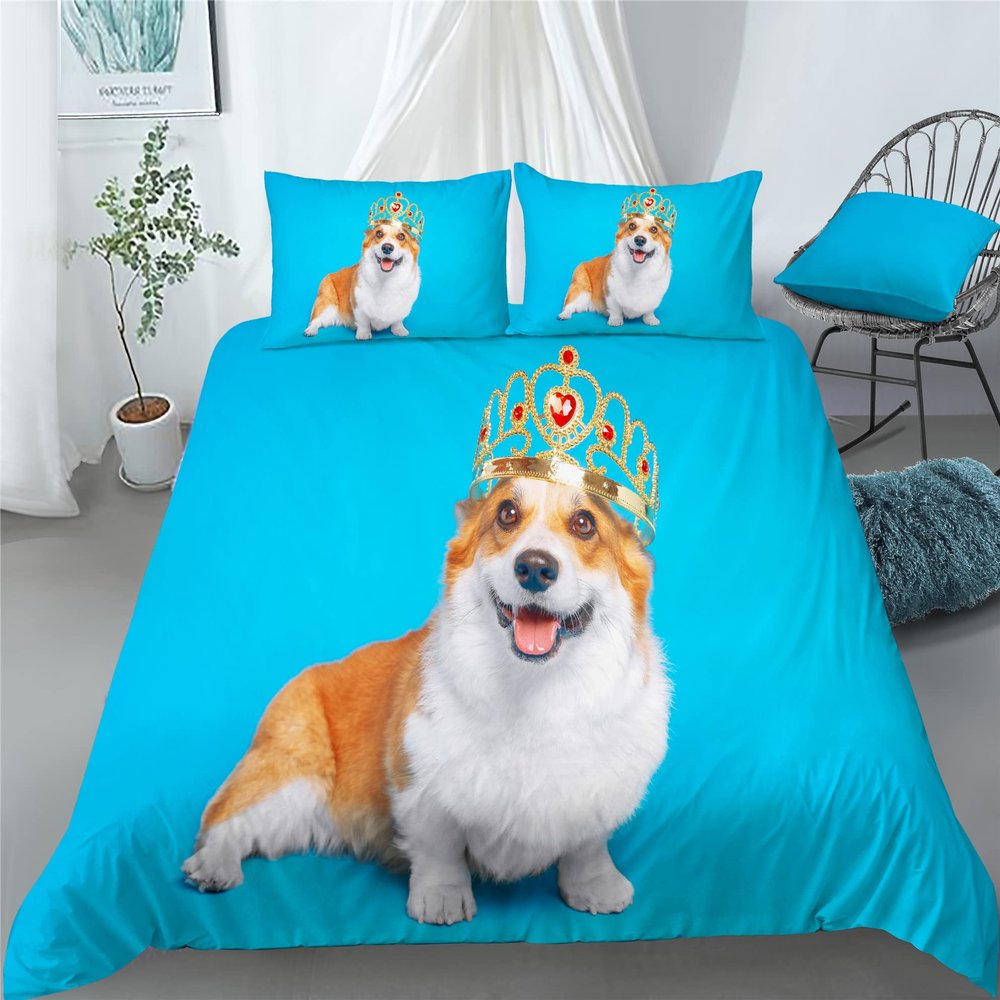 INDREAM Cartoon Corgi Bedding Set Dogs Duvet Cover for Bedroom Decoration,Twin/Full/Queen/King Size Bed Sets 3/4 Pieces (1 Duvet Cover with 2 Pillow Shams or Sheet) (TWIN-3PCS,D)