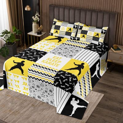 Castle Fairy Karate Bedspread King Size,Japanese Karate Sports Comforter Set for Kids Boys Teens Men Bedroom Decor,Yellow White Black Bedding Set Stars Stripes Plaid Quilt Set,2 Pillowcases