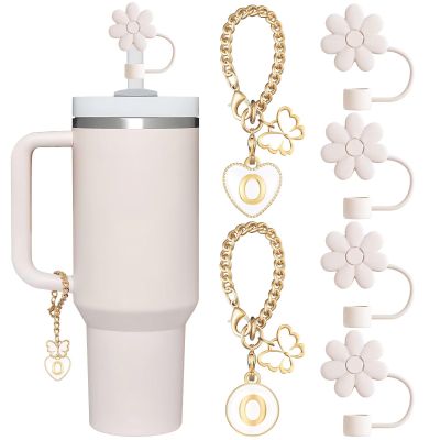 ANLABESY Compatible with Stanley Cup Accessories, 2PCS Butterfly Letter Charms with 4PCS 10mm Stanley Straw Cover Cap for Stanley Cup 30&40 Oz, Silicone Stanley Straw Toppers for Stanley Tumbler(O)