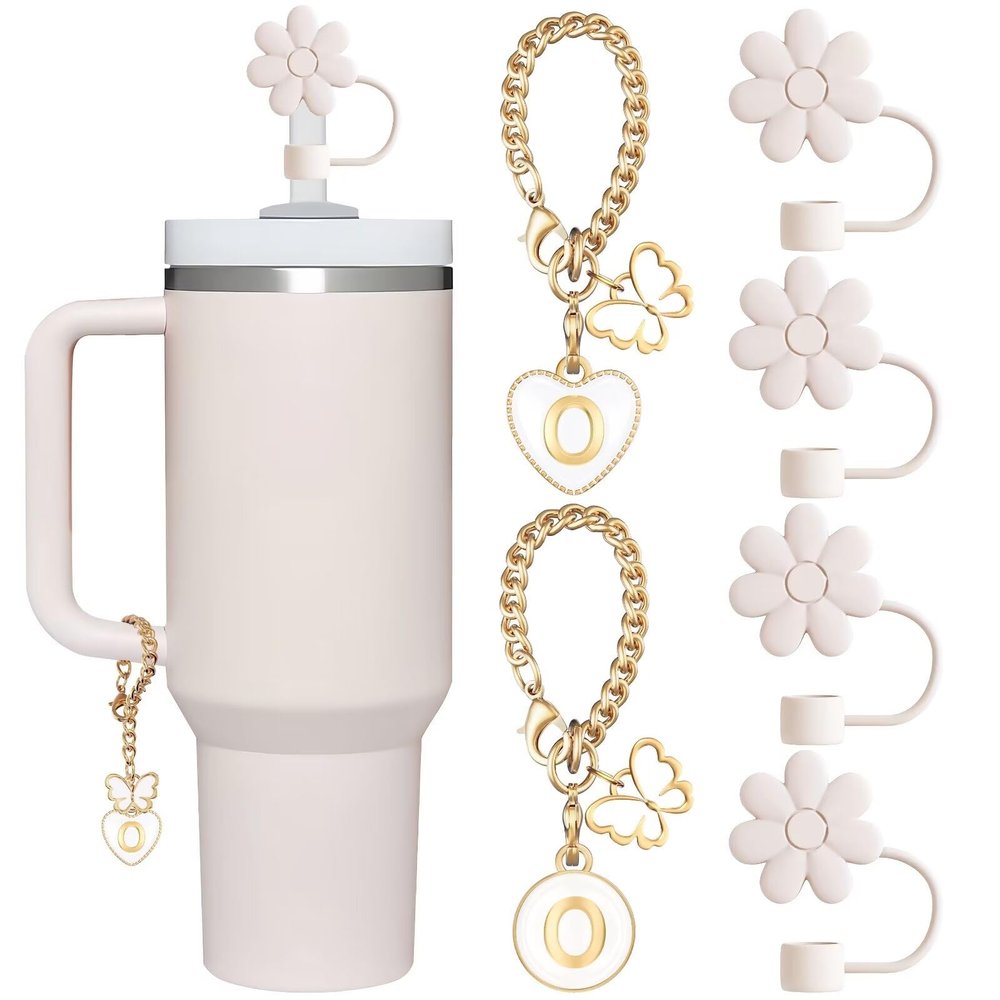 ANLABESY Compatible with Stanley Cup Accessories, 2PCS Butterfly Letter Charms with 4PCS 10mm Stanley Straw Cover Cap for Stanley Cup 30&40 Oz, Silicone Stanley Straw Toppers for Stanley Tumbler(O)