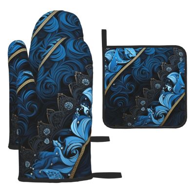 CSGJMYGS 3 pcs Oven Mitts and Pot Holders Set High Heat Resistant Oven Glove and Hot Pads Washable Kitchen Oven Mittens Blue and Black Pattern Non-Slip Potholder for Cooking Baking Grilling