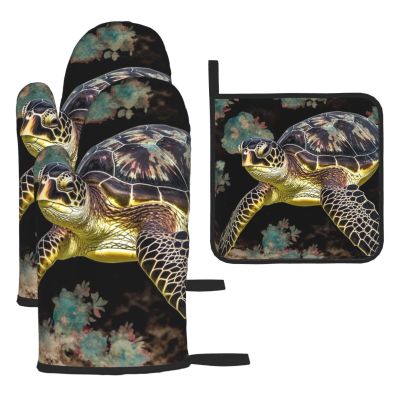 CSGJMYGS 3 pcs Oven Mitts and Pot Holders Set High Heat Resistant Oven Glove and Hot Pads Washable Kitchen Oven Mittens Calico Green sea Turtle Non-Slip Potholder for Cooking Baking Grilling