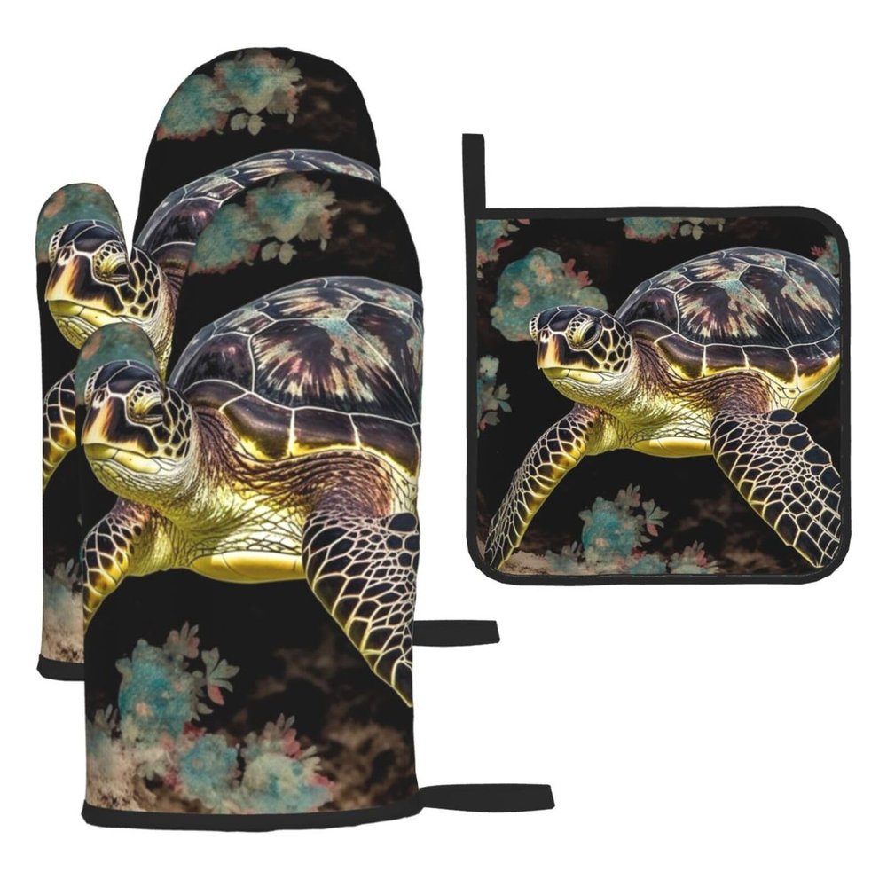 CSGJMYGS 3 pcs Oven Mitts and Pot Holders Set High Heat Resistant Oven Glove and Hot Pads Washable Kitchen Oven Mittens Calico Green sea Turtle Non-Slip Potholder for Cooking Baking Grilling