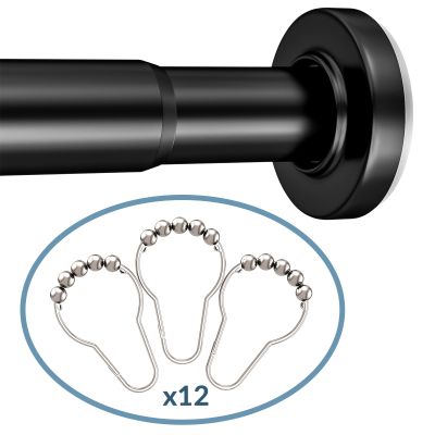 Amazer 12 Pcs Nickel Shower Curtain Hooks and AmazerBath 31-75 Inches Black Shower Curtain Rod, Adjustable Shower Curtain Rod No Drill Easy Segmented Installation