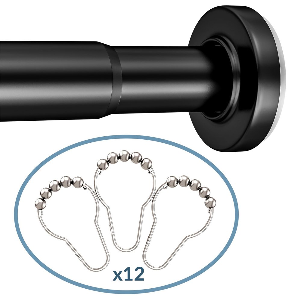 Amazer 12 Pcs Nickel Shower Curtain Hooks and AmazerBath 31-75 Inches Black Shower Curtain Rod, Adjustable Shower Curtain Rod No Drill Easy Segmented Installation