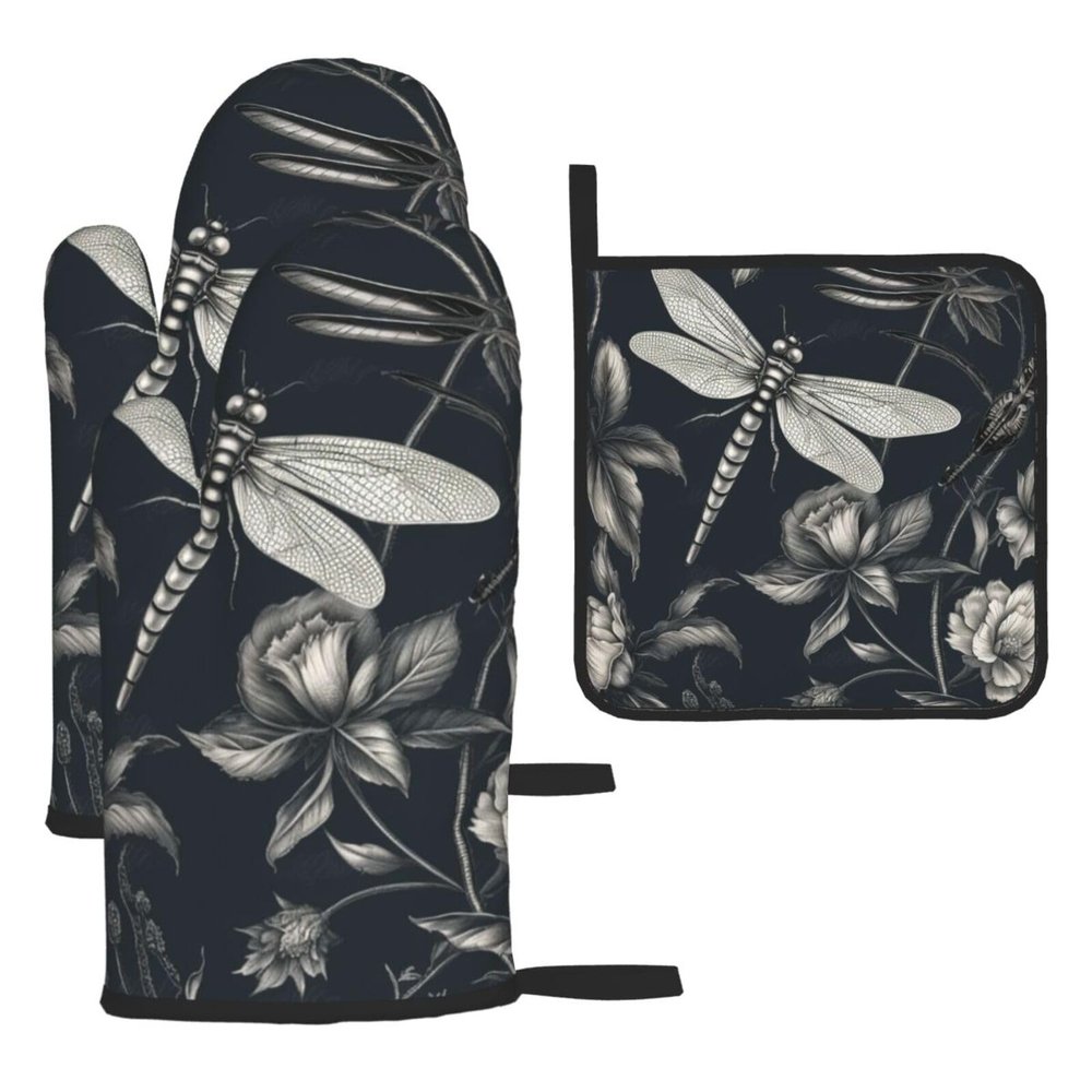 3 pcs Oven Mitts and Pot Holders Set High Heat Resistant Oven Glove and Hot Pads Washable Kitchen Oven Mittens Black Flowers and Dragonfly Non-Slip Potholder for Cooking Baking Grilling