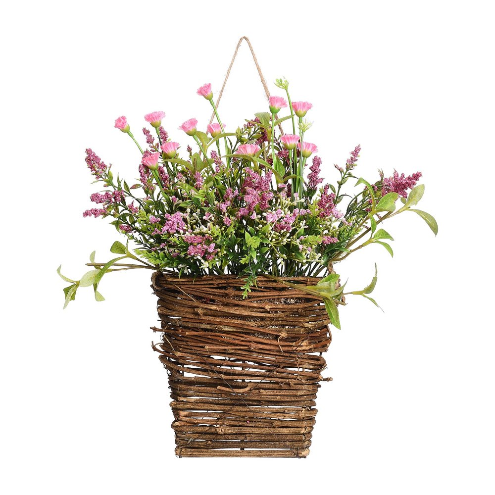 FQQWEE Artificial Door Hanging Basket Wreath, White Hydrangea Door Hanger Basket Wreath, Spring Door Wreath with Pink Berry Wildflowers, Spring Summer Flowers Wreath for Wedding Home Wall Decor(#2)