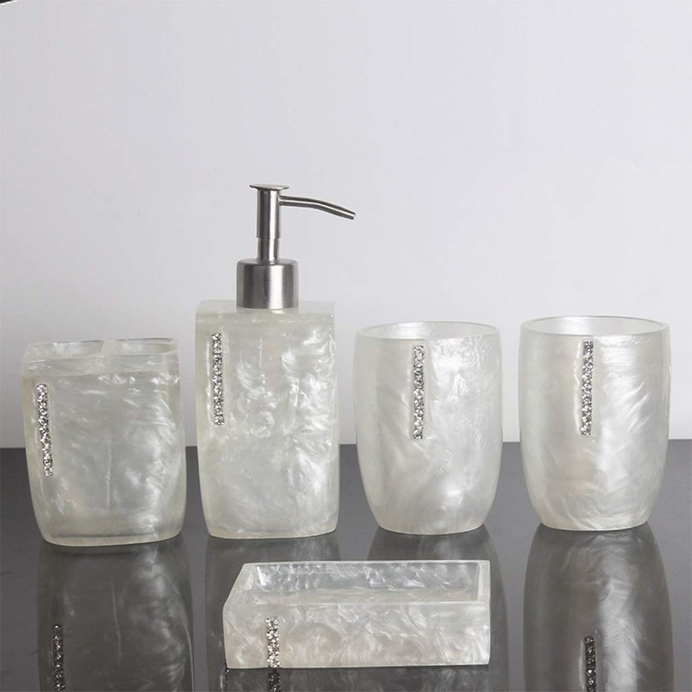 Lotion dispenser 5 Piece Resin Bath Accessory Set Includes Soap or Lotion Dispenser Toothbrush Holder, Tumbler, Soap Dish Add Style, Convenience and Organization to Your Bath or Kitchen Bathroom Lotio