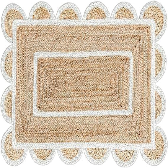 PATCHBIT Natural Jute Scalloped Rug 4x6, 5x8, 6x9, Bohemian Scallop Rug, Boho Decor Rug, Area Rug, Handwoven Jute Rug, Custom Rug, Decorative Rug (6 x 9 Feet)