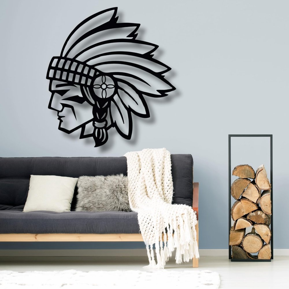 Feuwile Chief Metal Wall Art,Native American Portrait,Head dress Laser Cut Metal Wall Decor,American Indians Drawing,for Living Room,Bedroom,Bathroom(33"x35"/84x90cm)