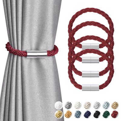 NICEEC 4 Pack Mini Magnetic Curtain Tiebacks Modern Simple Style Drape Tie Backs Elegant Decorative Weave Rope Curtain Holdbacks for Home & Office Thin Window Draperies (Wine Red)