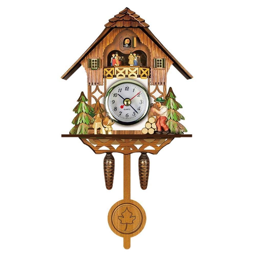 AUNMAS Antique Wooden Cuckoo Clock, Auto Swing Pendulum Quartz Wall Clock, Traditional Design for Home Decor Black Forest