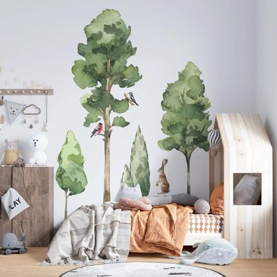 Large Watercolor Trees Wall Decals Set, Forest Stickers, Giant Deciduous Trees Wall Decal, Animals Forest Wall Decals, Watercolor Trees Stickers WH16 (Set 1+2)
