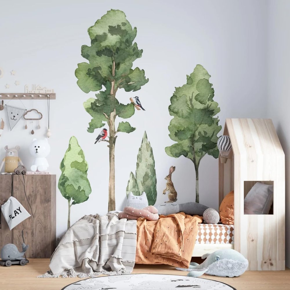 Large Watercolor Trees Wall Decals Set, Forest Stickers, Giant Deciduous Trees Wall Decal, Animals Forest Wall Decals, Watercolor Trees Stickers WH16 (Set 1+2)