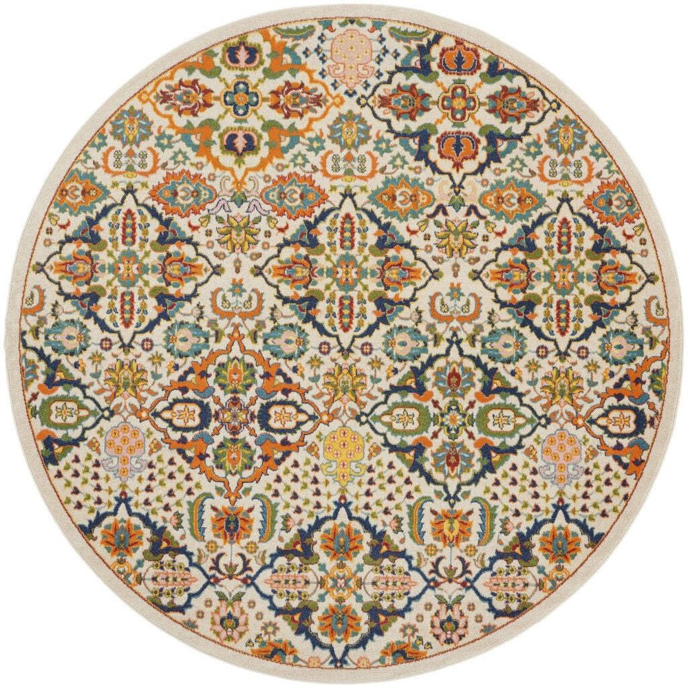 HomeRoots 521710 8 ft. Ivory Floral Power Loom Round Area Rug