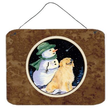 212 Main 6 x 6 in. Golden Retriever with Snowman in Green Hat Aluminium Metal Wall Or Door Hanging Prints