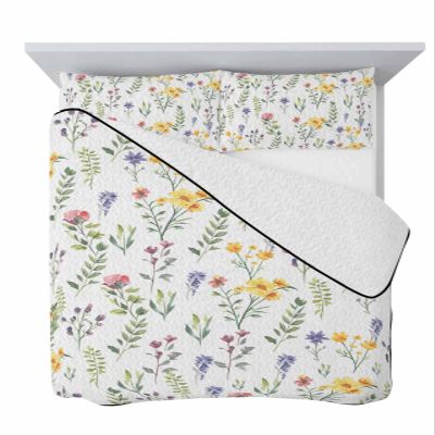 Onekaccu Spring Wildflower Quilt Twin Bedding Set, Lightweight Summer Quilt with Pillow Shams 3 Pieces Watercolor Garden Herb Botanical Microfiber Soft Quilt Set Bedspread Coverlet for All Seasons