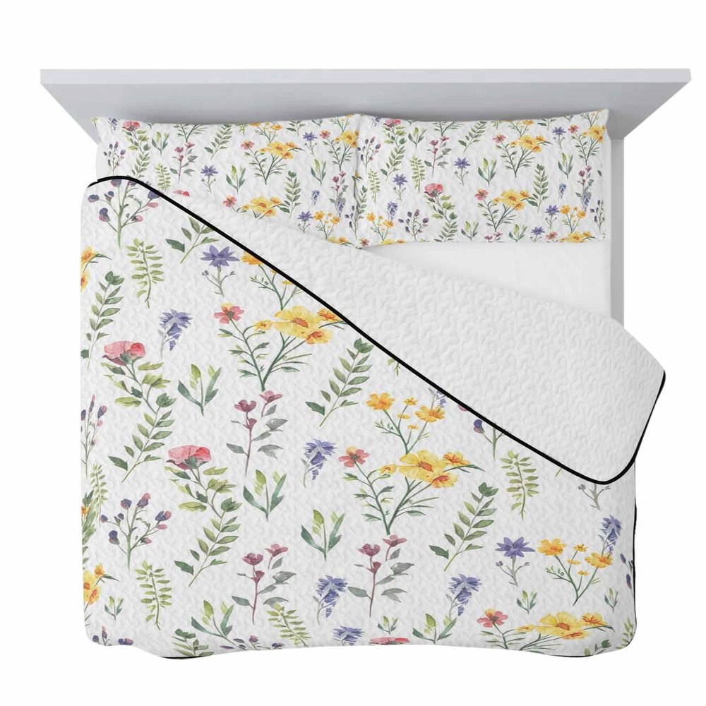 Onekaccu Spring Wildflower Quilt Twin Bedding Set, Lightweight Summer Quilt with Pillow Shams 3 Pieces Watercolor Garden Herb Botanical Microfiber Soft Quilt Set Bedspread Coverlet for All Seasons